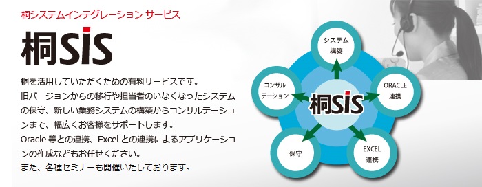 桐を活用していただくための有料サービスです。
旧バージョンからの移行や担当者のいなくなったシステムの保守、新しい業務システムの構築からコンサルテーションまで、幅広くお客様をサポートします。
Oracle等との連携、Excelとの連携によるアプリケーションの作成などもお任せください。